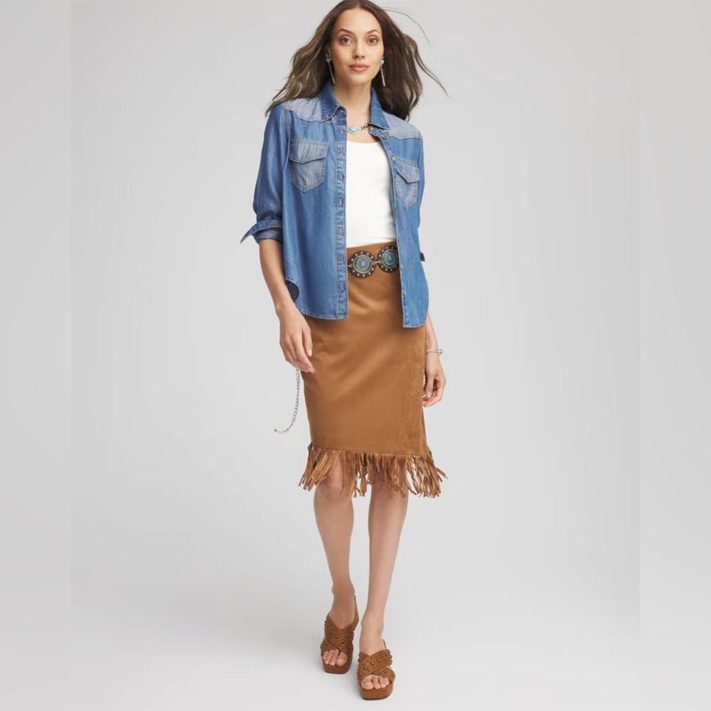 NWT Chico’s Light Brown Faux Suede Fringed Asymmetrical Skirt Size 12 Western